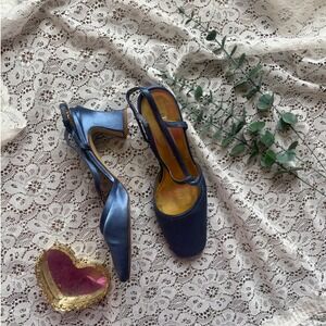 Apostrophe Navy Blue Satin T-Strap Block Heels Square Toe Gold Insole Size 8M